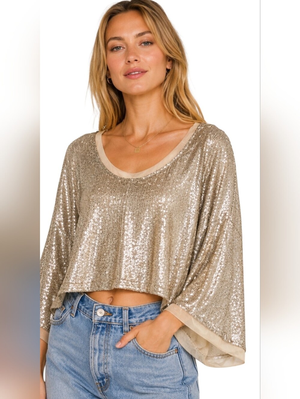 Free People Champagne Dreams Sequin Bell Sleeve Top XS